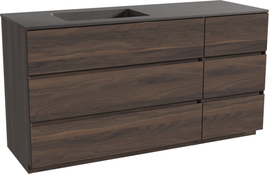 Storke Edge meuble salle de bains à poser 150 x 52 cm noyer avec Scuro plan vasque asymétrique à gauche en quartz noir mat