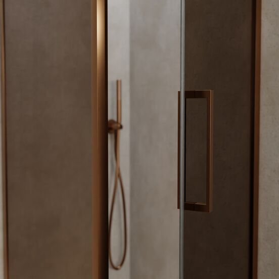 Balmani Senses Design douchecabine met rechtse draaideur en vaste zijwand, 90 x 90 cm, Brons, Brushed Rosegold profielen