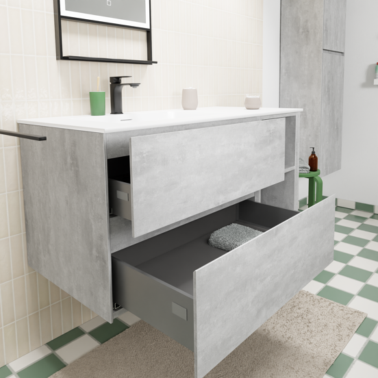 Storke Edge zwevend badmeubel 110 x 52 cm beton donkergrijs met Mata asymmetrisch linkse wastafel in solid surface mat wit