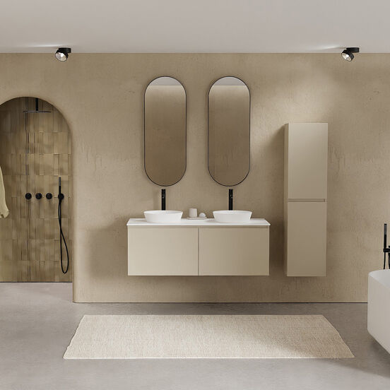 Balmani Sfera hängendes Möbelstück Set: 135 x 55 cm, Dune, mit Stretto Einzel- oder Doppel Waschtischplatte, Solid Surface Weiß matt