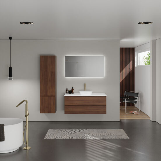 Balmani Lucida meuble salle de bains suspendu 120 x 55 cm noyer américain avec Stretto tablette simple ou double en solid surface blanc mat
