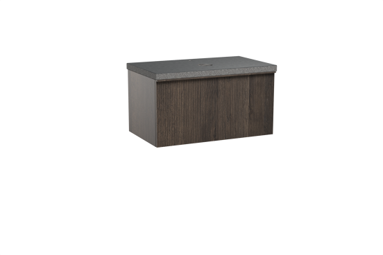 Balmani Forma hängendes Möbelstück Set: 90 x 55 cm, Geräucherte Eiche, mit Rock Einzel Waschtischplatte, Granit, Schwarzes Granit, Vertikale symmetrische gerade Rippe