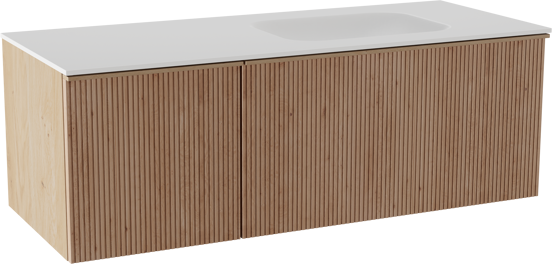 Balmani Forma meuble salle de bains suspendu 135 x 55 cm chêne naturel avec Tablo Arcato vasque asymétrique droite en solid surface blanc mat, Nervure droite symétrique verticale