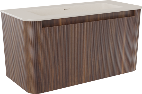 Storke Soft hängendes Möbelstück Set: 100 x 46 cm, Nussbaum, mit Mata Soft Einzelwaschtisch Solid Surface Beige Granit, Vertikale symmetrische gerade Rippe
