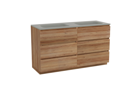 Balmani Lucida freistehendes Möbelstück Set: 150 x 55 cm, Teak, mit Tablo Strada Doppelwaschtisch, Marmorkomposit Seidengrau