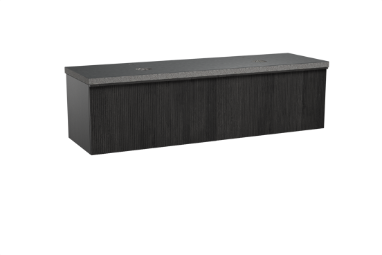Balmani Forma hängendes Möbelstück Set: 180 x 55 cm, Schwarze Eiche, mit Rock Doppel Waschtischplatte, Granit, Schwarzes Granit, Vertikale symmetrische gerade Rippe