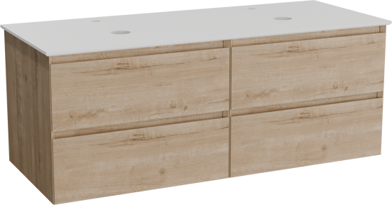 Balmani Mitra hängendes Möbelstück Set: 135 x 55 cm, Rohe Eiche, mit Facetta Doppel Waschtischplatte, Solid Surface Weiß matt