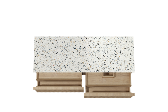 Balmani Forma hängendes Möbelstück Set: 150 x 55 cm, Naturbelassene Eiche, mit Stretto Einzel- oder Doppel Waschtischplatte, Terrazzo in Weiß/Schwarz matt, Vertikale symmetrische gerade Rippe