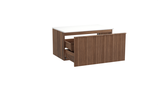Balmani Forma hängendes Möbelstück Set: 90 x 55 cm, Amerikanischer Nussbaum, mit Stretto Einzel Waschtischplatte, Solid Surface, Weiß matt, Vertikale asymmetrische Runde Rippe