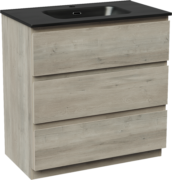Linie Lado meuble salle de bains à poser 80 x 46 cm chêne gris avec Baro plan simple en porcelaine noir mat