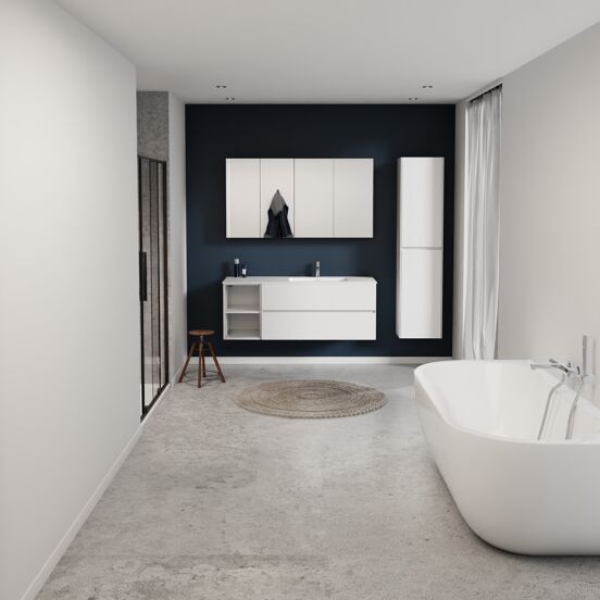Storke Edge meuble salle de bains suspendu 140 x 52 cm blanc brillant avec Mata plan vasque asymétrique à droite en solid surface blanc mat