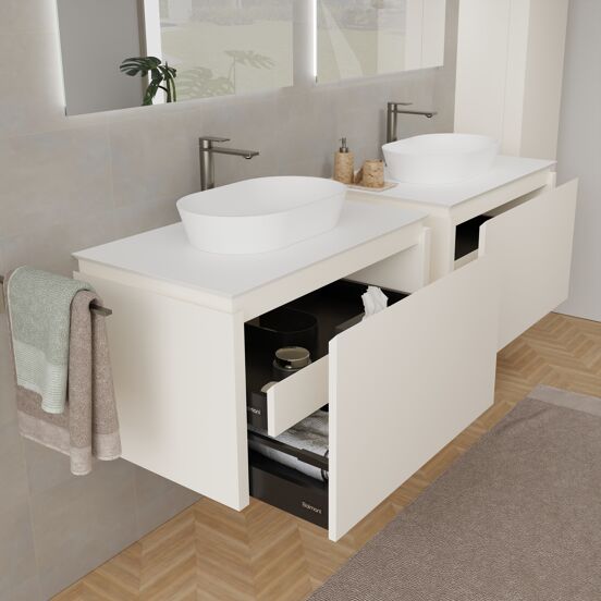 Balmani Eclips zwevend badkamermeubel 90 x 55 cm Sandbeige met Eclips enkel tablet in Solid Surface mat wit