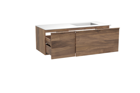 Balmani Forma zwevend badkamermeubel 135 x 55 cm amerikaanse notelaar met Tablo Stretto asymmetrisch rechtse wastafel in solid surface mat wit, Horizontale symmetrische rechte ribbel