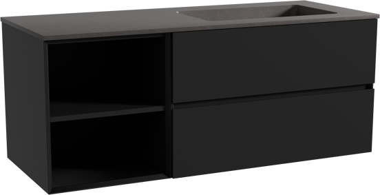 Storke Edge zwevend badmeubel 130 x 52 cm mat zwart met Scuro asymmetrisch rechtse wastafel in kwarts mat zwart