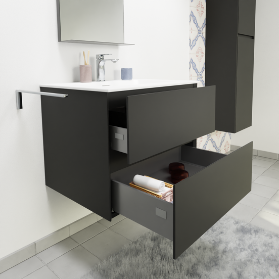Storke Edge meuble salle de bains suspendu 65 x 52 cm noir mat avec Scuro High plan simple en quartz noir mat