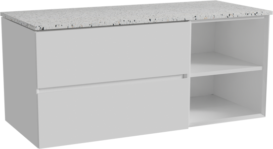 Storke Edge meuble salle de bains suspendu 120 x 52 cm blanc brillant avec Tavola tablette simple ou double en blanc/noir mat terrazzo