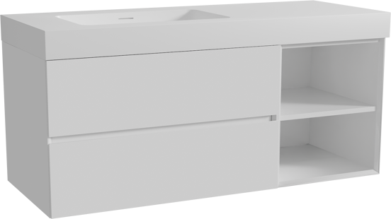 Storke Edge zwevend badmeubel 130 x 52 cm hoogglans wit met Mata High asymmetrisch linkse wastafel in solid surface mat wit