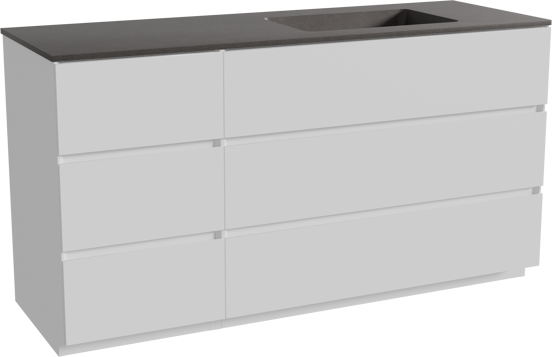 Storke Edge staand badmeubel 150 x 52 cm mat wit met Scuro asymmetrisch rechtse wastafel in kwarts mat zwart