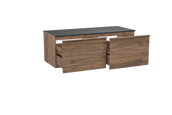 Balmani Forma hängendes Möbelstück Set: 135 x 55 cm, Amerikanischer Nussbaum, mit Stretto Einzel- oder Doppel Waschtischplatte, Granit, Schwarzes Granit, Horizontale symmetrische gerade Rippe