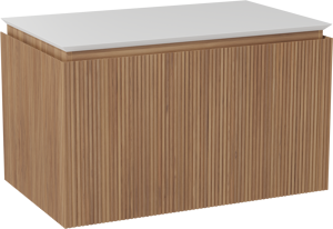 Balmani Eclips zwevend badkamermeubel 90 x 55 cm Teak met Eclips enkel tablet in Solid Surface mat wit, Verticale symmetrische rechte ribbel