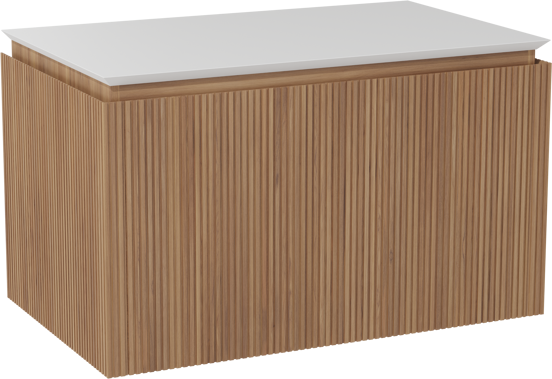 Balmani Eclips meuble salle de bains suspendu 90 x 55 cm Teck avec Eclips tablette simple en Solid Surface blanc mat, Nervure droite symétrique verticale