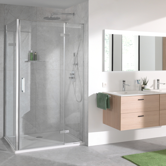 Luca Varess Nona douchehoek met draaideur en 2 vaste zijwanden 90 x 140 cm helder glas glanzend chroom profiel