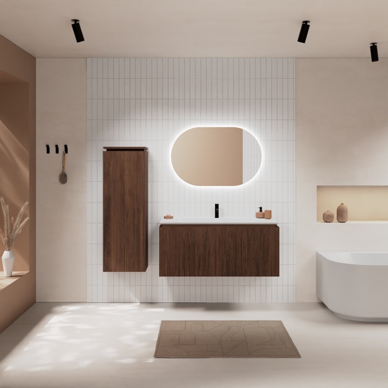 Balmani Eclips meuble salle de bains suspendu 120 x 55 cm Noyer américain avec Eclips plan simple en Solid Surface blanc mat, Nervure droite symétrique verticale
