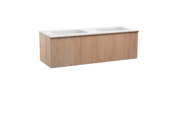 Balmani Forma zwevend badkamermeubel 150 x 55 cm natuur eik met Tablo Strada dubbele wastafel in composietmarmer glanzend wit, Verticale symmetrische rechte ribbel