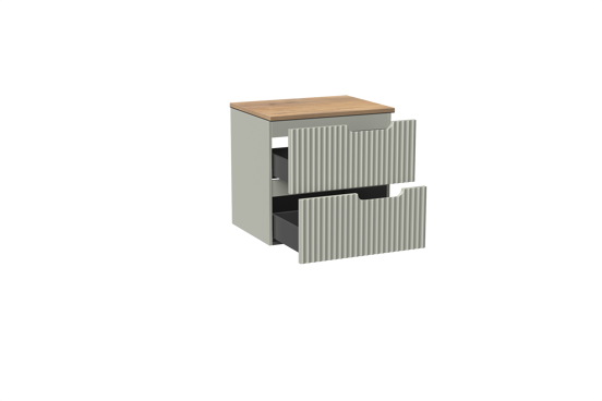 Linie Ribbo meuble salle de bains suspendu 60 x 46 cm greige avec Lado tablette simple en mélaminé chêne naturel, Nervure circulaire symétrique verticale
