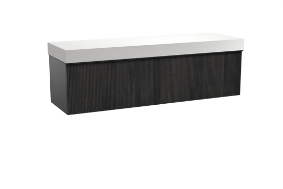 Balmani Forma hängendes Möbelstück Set: 180 x 55 cm, Schwarze Eiche, mit Dominus Einzel- oder Doppel Waschtischplatte, Solid Surface, Weiß matt, Vertikale symmetrische gerade Rippe