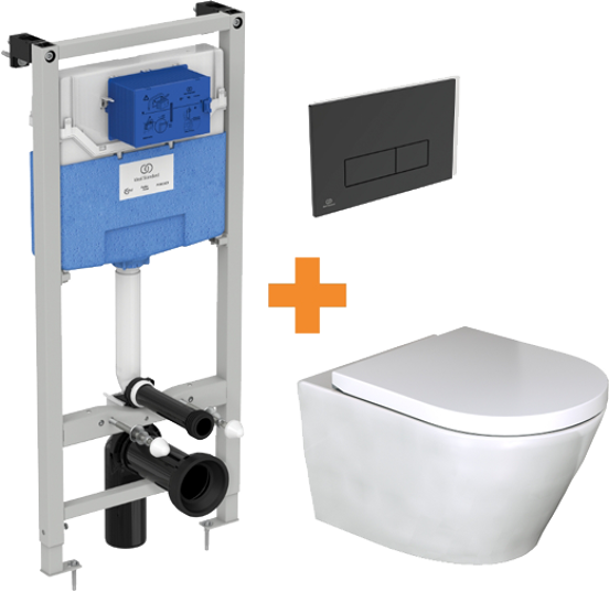 Luca Varess Calibro WC suspendu et abattant medio blanc brillant sans bride avec bâti-support et Ideal Standard Oleas M2 noir mat plaque de commande gratuit