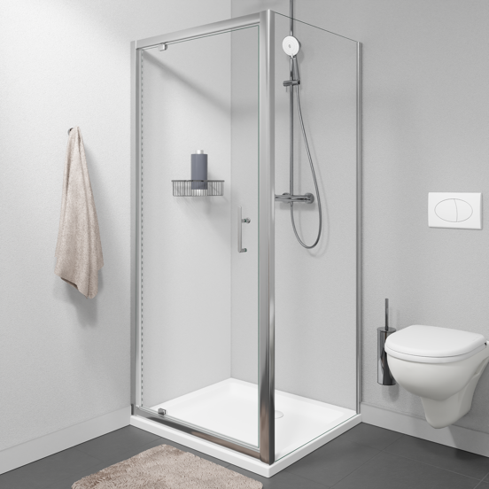 Linie Cadiz Eckdusche Drehtür mit fixierter Seitenwand, 90 x 80 cm, Klarglas, gebürstet Chrom Profil