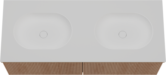 Balmani Forma hängendes Möbelstück Set: 135 x 55 cm, Naturbelassene Eiche, mit Tablo Oval Doppelwaschtisch, Solid Surface, Weiß matt, Vertikale symmetrische gerade Rippe