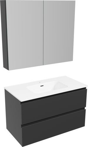 Linie Lado meuble salle de bains suspendu 90 x 46 cm noir mat avec Baro plan simple en porcelaine blanc mat et Montro armoire de toilette