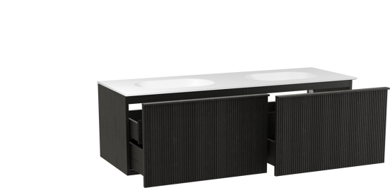 Balmani Forma zwevend badkamermeubel 150 x 55 cm zwarte eik met Tablo Oval dubbele wastafel in solid surface mat wit, Verticale symmetrische rechte ribbel