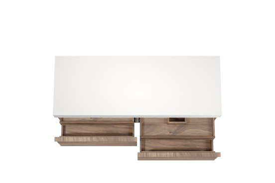 Balmani Forma hängendes Möbelstück Set: 150 x 55 cm, Amerikanischer Nussbaum, mit Dominus Einzel- oder Doppel Waschtischplatte, Solid Surface, Weiß matt, Horizontale symmetrische gerade Rippe