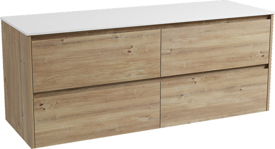 Storke Seda hängendes Möbelstück Set: 150 x 52 cm, Rohe Eiche, mit Tavola Einzel- oder Doppel Waschtischplatte, Solid Surface Weiß matt
