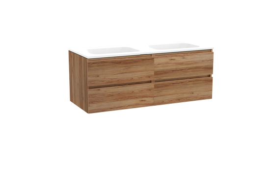 Balmani Lucida meuble salle de bains suspendu 135 x 55 cm teck avec Tablo Strada double vasque en marbre composite blanc mat