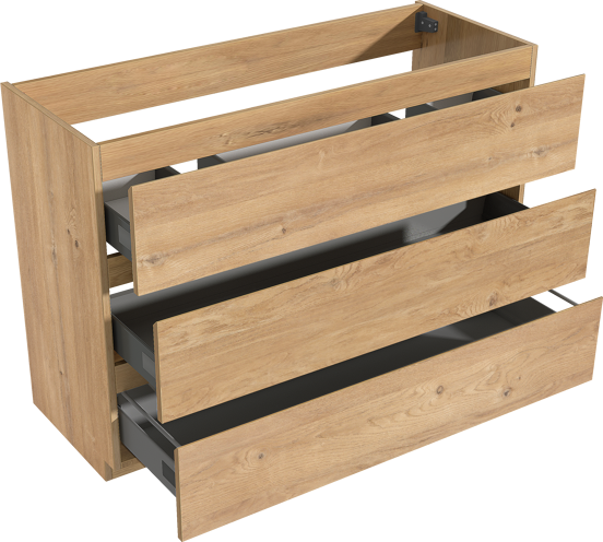 Storke Delta meuble sous-lavabo a poser 120 x 48 cm chêne naturel 3 tiroirs 2 découpés de siphon