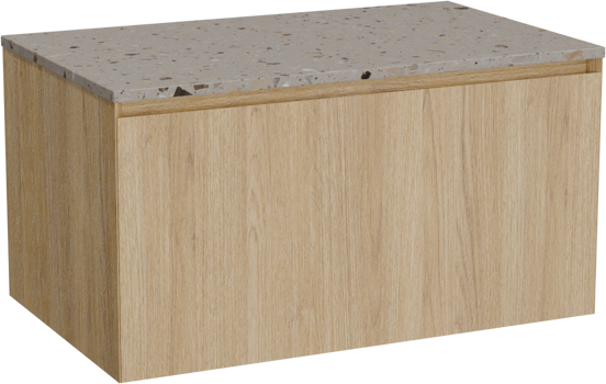 Balmani Idra zwevend badkamermeubel 90 x 55 cm natuur eik met Stretto enkel tablet in terrazzo greige terrazzo