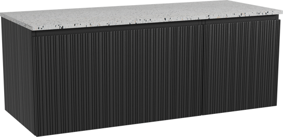 Storke Ribs zwevend badmeubel 130 x 52 cm zwart eiken met Tavola enkel of dubbel wastafelblad in mat wit/zwart terrazzo, Verticale asymmetrische rechte ribbel