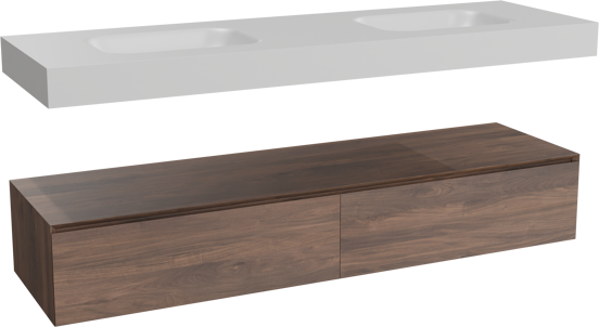 Balmani Mitra Elements hängendes Möbelstück Set: 180 x 55 cm, Amerikanischer Nussbaum mit Arcato Doppelwaschtisch, Solid Surface Weiß matt