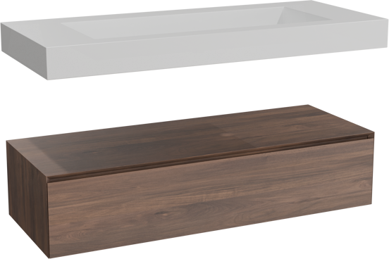 Balmani Mitra Elements meuble salle de bains suspendu 135 x 55 cm noyer américain avec Modus lavabo simple pour 2 trous de robinet en solid surface blanc mat