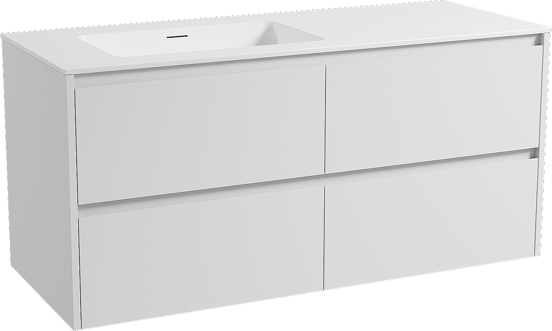 Storke Seda zwevend badkamermeubel 130 x 52 cm mat wit met Mata asymmetrisch linkse wastafel in solid surface mat wit