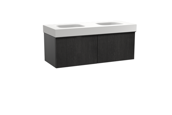 Balmani Forma zwevend badkamermeubel 135 x 55 cm zwarte eik met Arcato dubbele wastafel in solid surface mat wit, Verticale symmetrische rechte ribbel