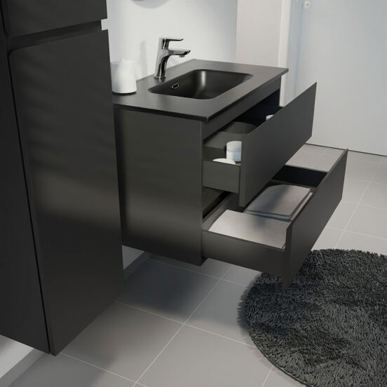 Linie Lado hängendes Möbelstück Set: 80 x 46 cm, Schwarz matt, mit Baro Einzelwaschtisch, Porzellan Schwarz matt