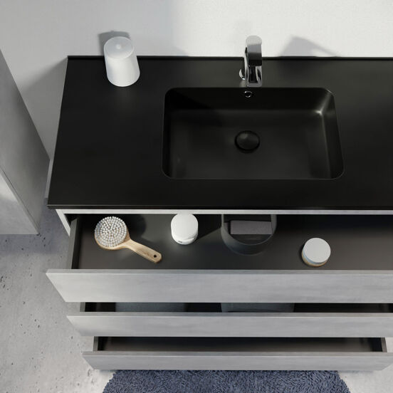 Linie Lado freistehendes Möbelstück Set: 120 x 46 cm, Beton dunkelgrau, mit Vano Doppelwaschtisch, Marmorkomposit Schwarz matt