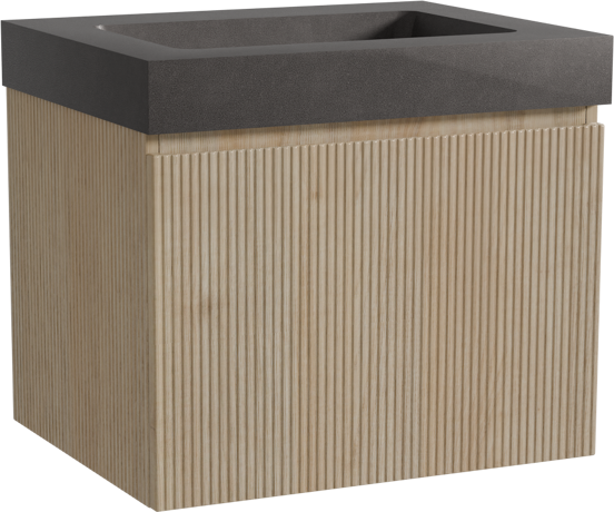 Storke Ribs hängendes Möbelstück Set: 65 x 52 cm, Rohe Eiche, mit Scuro High Einzelwaschtisch, Quarz, Schwarz matt, Vertikale symmetrische gerade Rippe