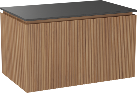 Balmani Eclips meuble salle de bains suspendu 90 x 55 cm Teck avec Stretto tablette simple en Granit noir, Nervure droite symétrique verticale