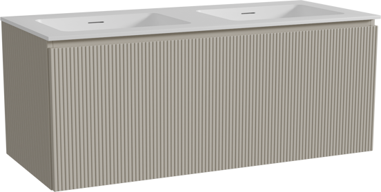 Storke Ribs meuble salle de bains suspendu 120 x 52 cm soie grise avec Mata double vasque en solid surface blanc mat, Nervure droite symétrique verticale